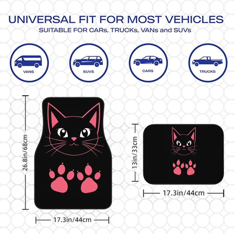 Interior Design Type - ピンクと黒の猫の足跡柄カーフロアマット4枚セット、汎用カーフロアマット、耐久性のあるポリエステル繊維、母の日ギフト、あらゆる種類の車やSUVに適しています、インテリア装飾マット、耐摩耗性と滑り止め、特別なカーフロアマット、大切な人や友人への完璧なギフト、楽しいデザインのフロアマット、高品質素材、ホリデーシーズンの買い物客、トラックオーナー向け