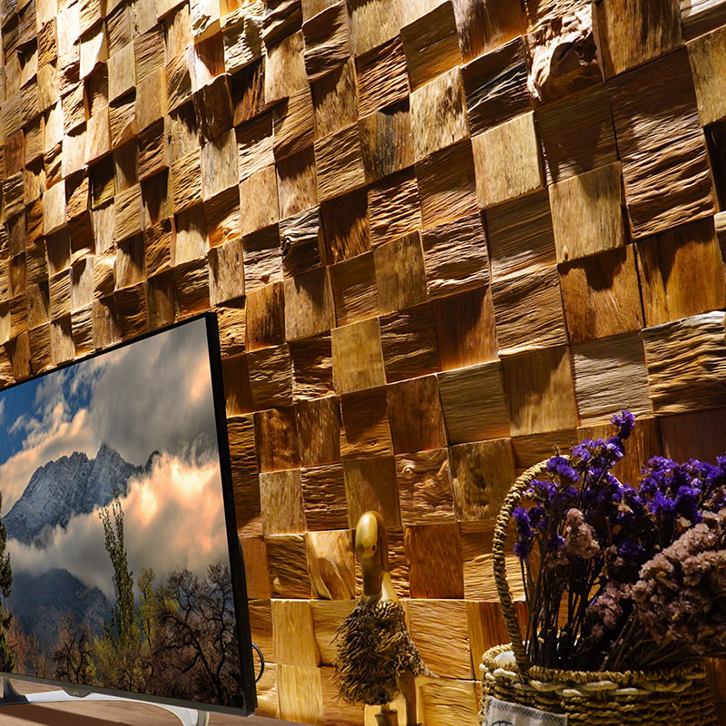 Wall Panel 3D Texture - 壁仕切り用粘着壁紙 再生チーク材モザイクパネル 風化仕上げ 3Dテクスチャ テレビ壁